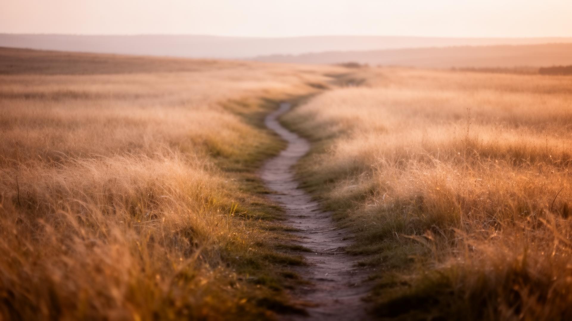 A narrow path winding through golden grass at dawn — a courageous next step