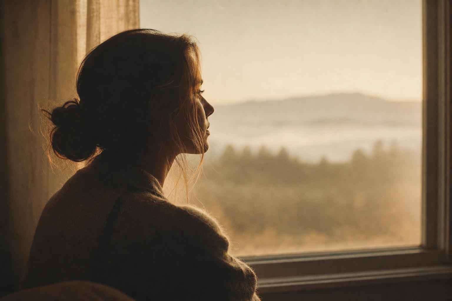 A woman in quiet contemplation by a window — courage and reflection