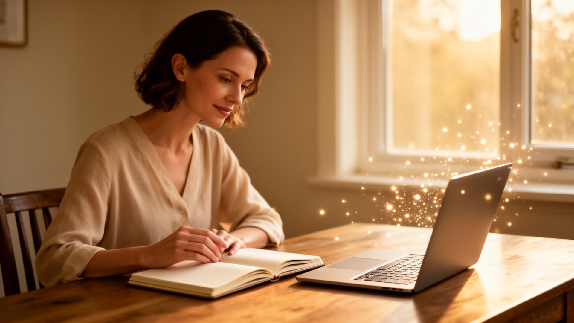 A woman reflecting at her desk with a notebook and laptop, soft light suggesting AI as a quiet partner